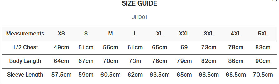 JH001 Size guide